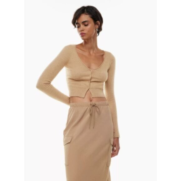 WILFRED Santorini Cardigan Sweater Wool Cashmere Knit Gold Camel XS Aritzia - Picture 6 of 14